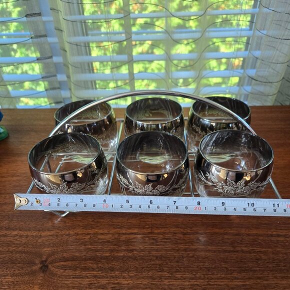 Silver Fade Roly Poly Glasses Caddy Set of 6 VTG MCM Ombre Relief Flowers 11.75" - Picture 3 of 9